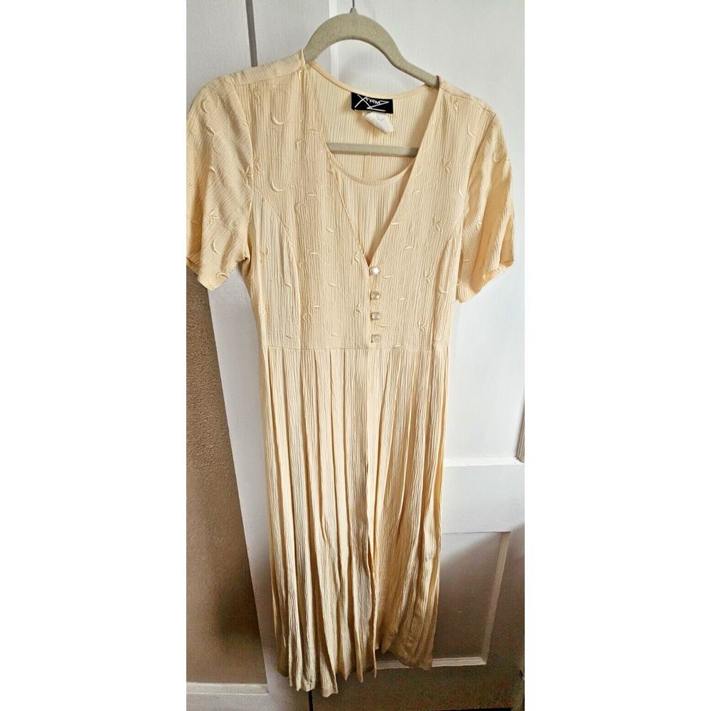 Vintage women Ivory XTRMZ pleated embroidered floral faux‎ wrap MAXI dress 4P